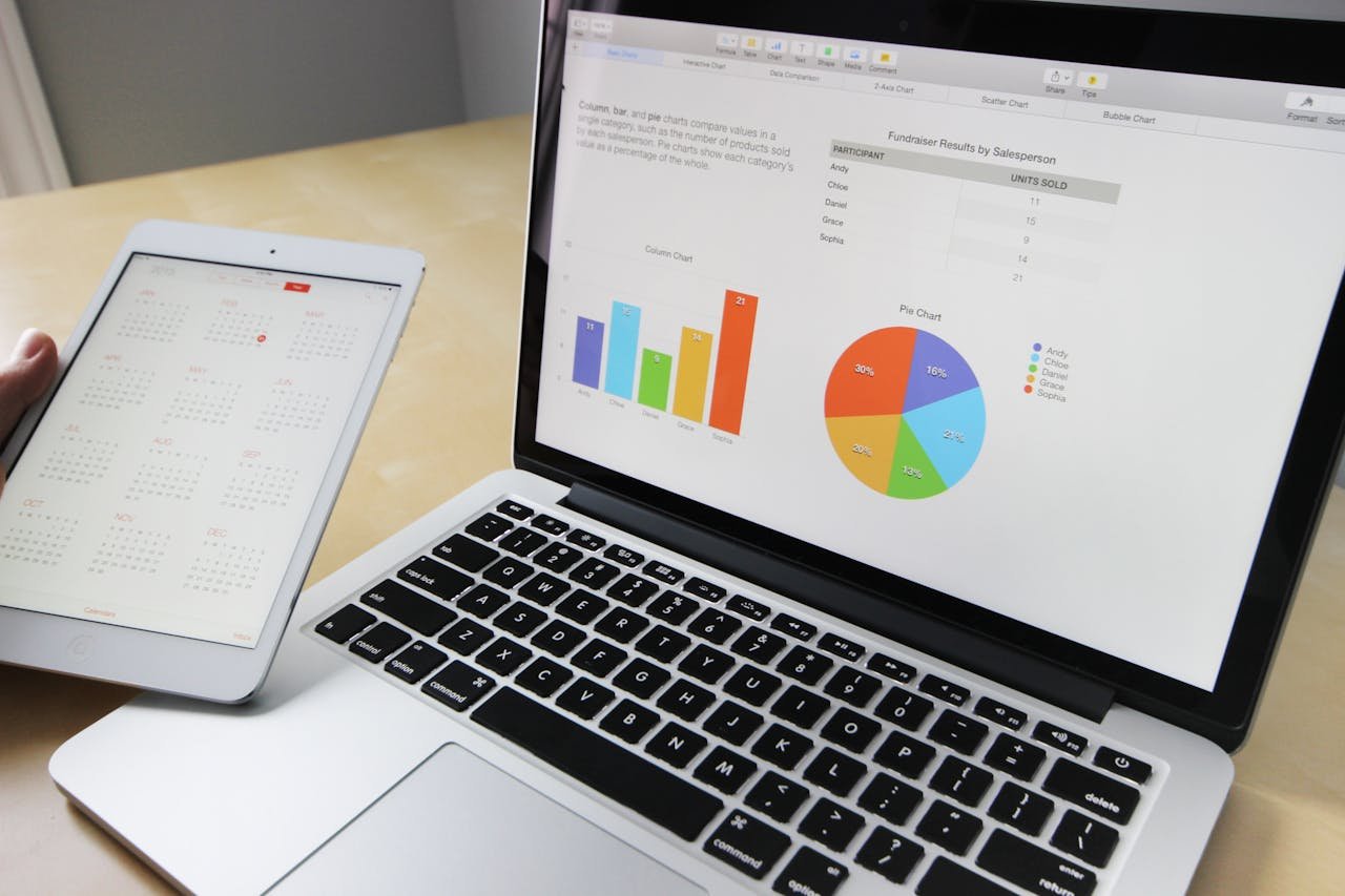 about-01 Laptop displaying charts and graphs with tablet calendar for data analysis and planning.